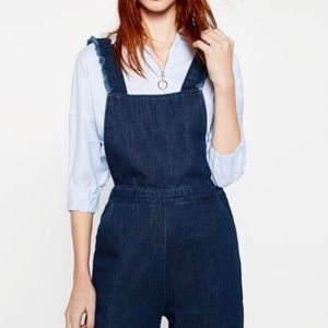 Zara Raw Hem Denim Frayed Jumpsuit Overalls
